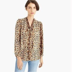 JCrew Tie-neck button-up shirt in leopard print, size M
